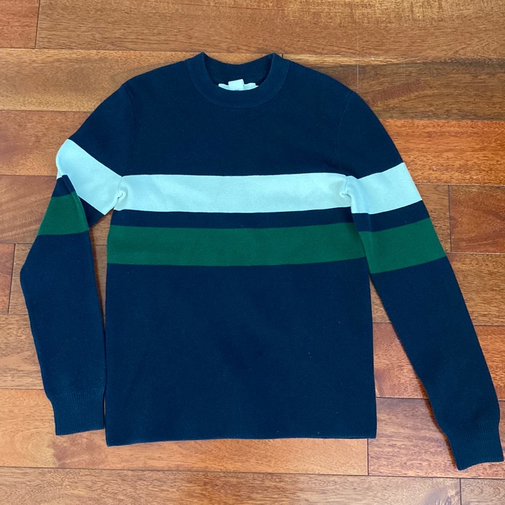 Men blue green white striped sweater